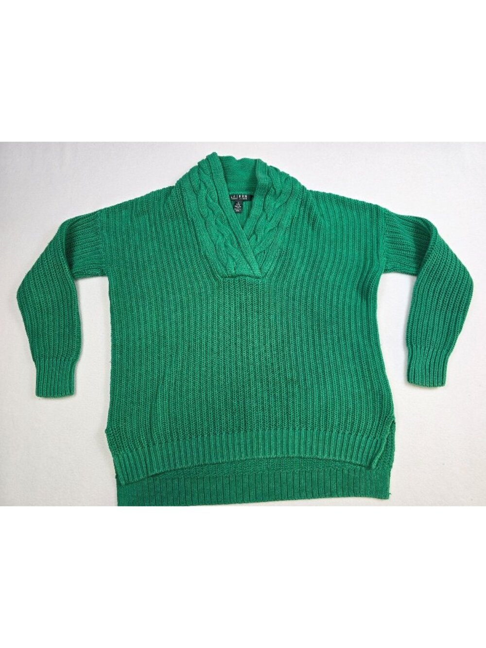 Lauren Ralph Lauren Small Kelly Green Cable Knit Shawl Collar Cotton Sweater